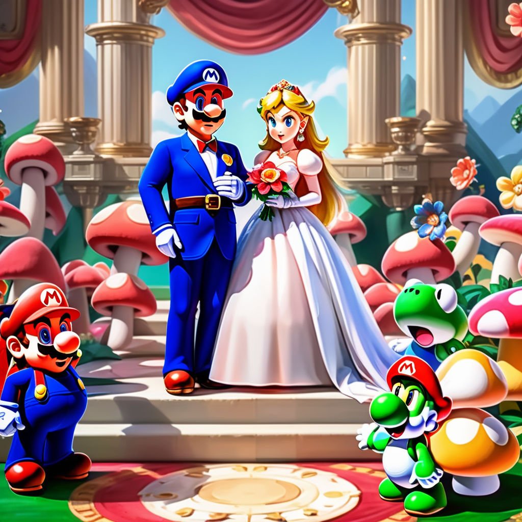 Super Mario Bros standing alongside Princess Peach during their vibrant  nuptials