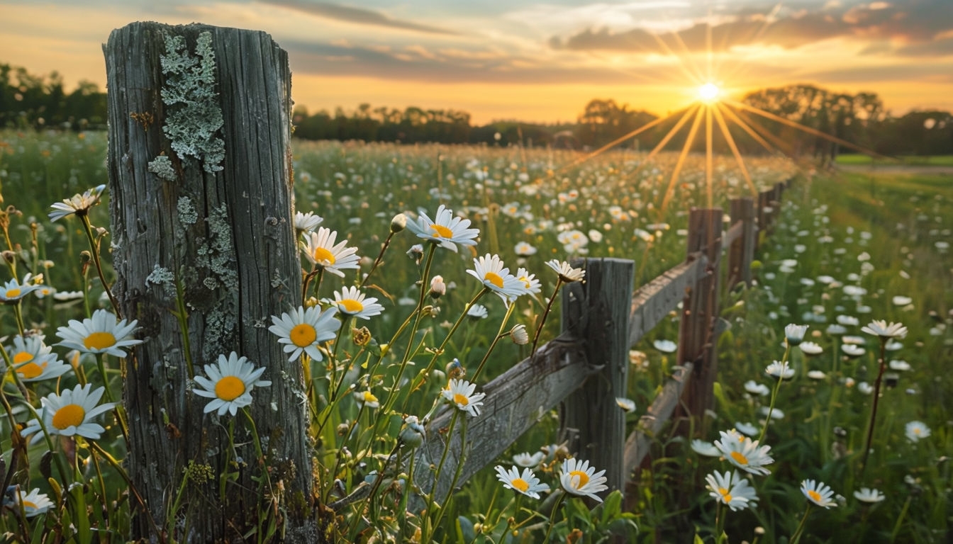 Tranquil Sunset Field of Daisies Landscape Virtual Background