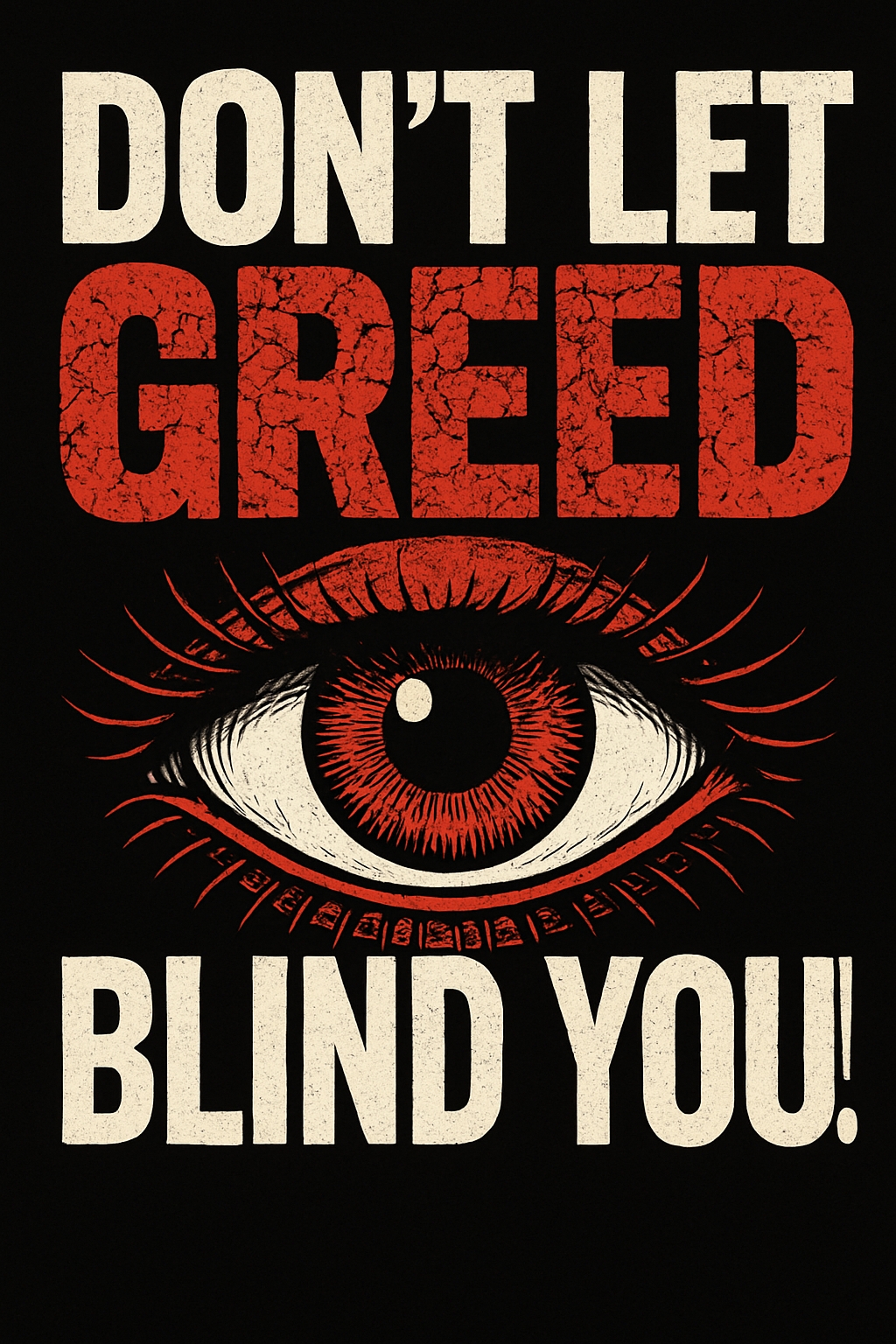 Surrealistic Eye Poster with Bold Awareness Message on Greed