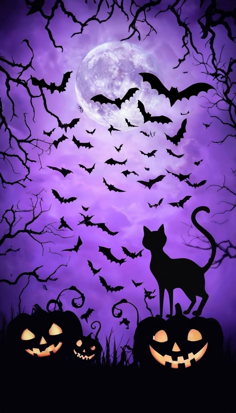 Spooky Halloween Scene with Full Moon and Jack-o'-Lanterns Mobile Wallpaper