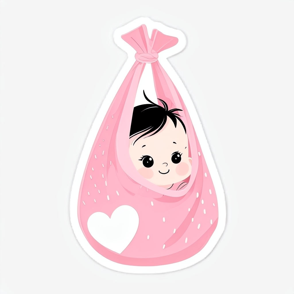 Baby Peeking from Pink Cloth Bag Cartoon Illustration Sticker