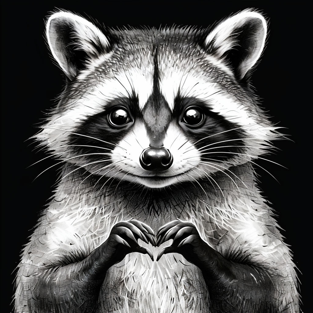 Intricate Raccoon Illustration with Heart Gesture T-Shirt