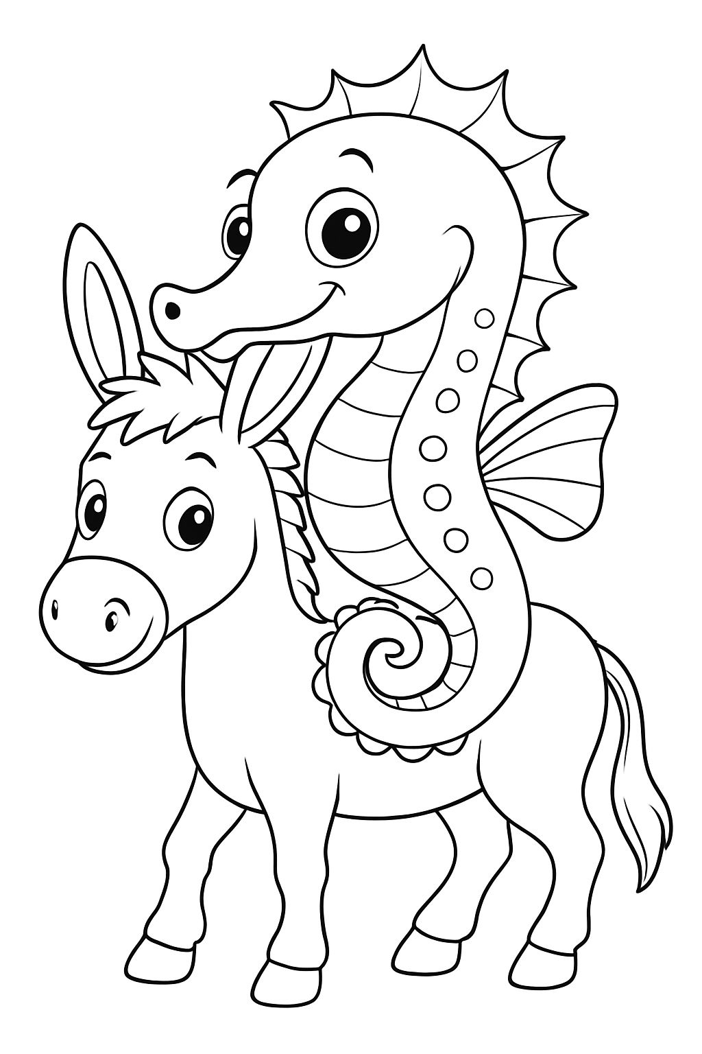 Playful Cartoon Donkey and Seahorse Line Drawing Coloring Book Pages