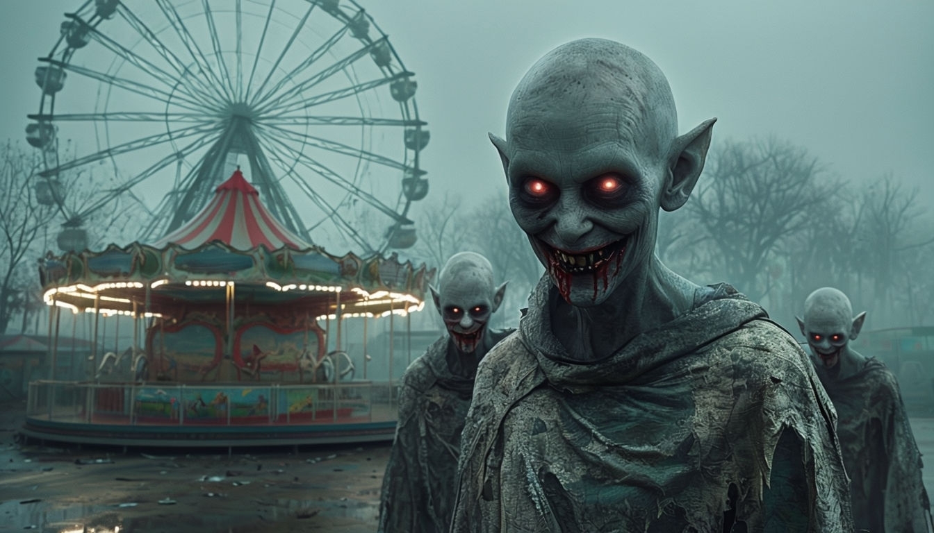 Eerie Abandoned Amusement Park Scene with Sinister Creatures Art