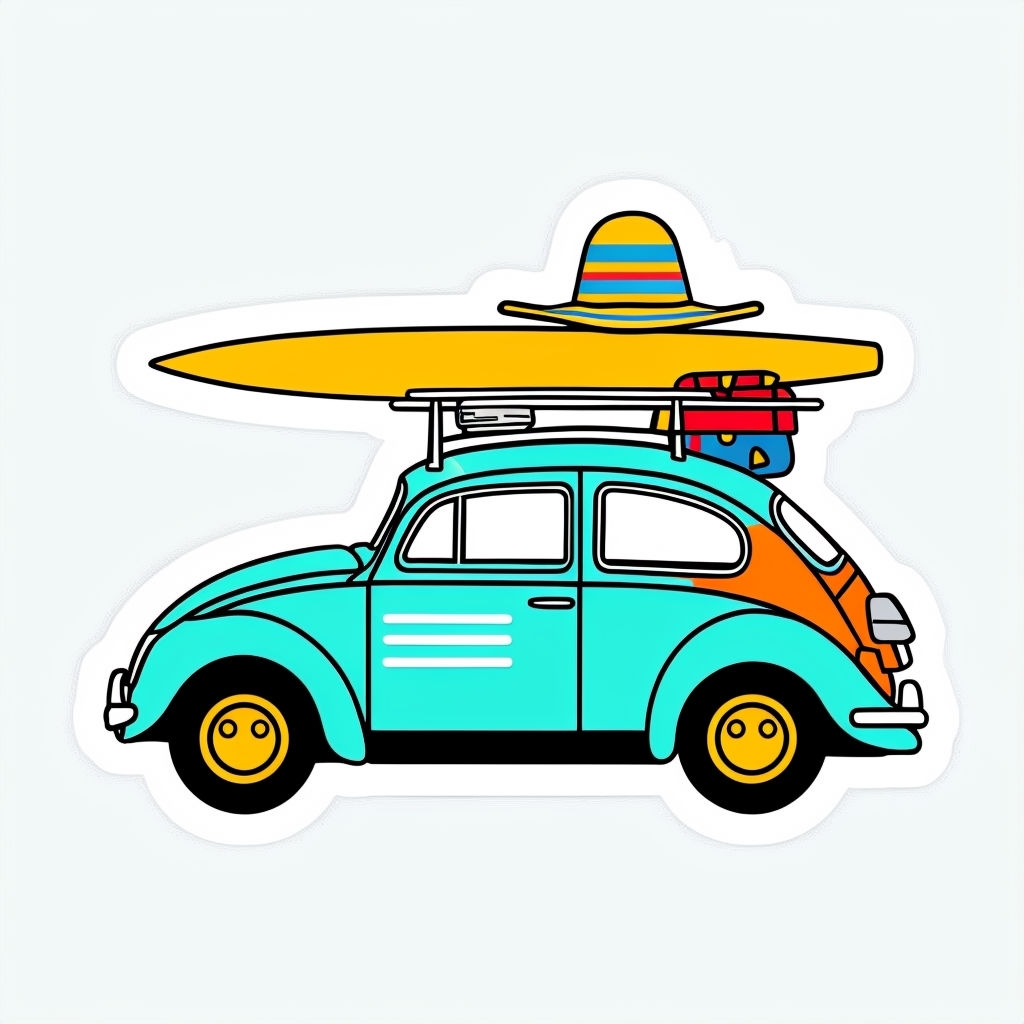 Vibrant Cartoon Cute Beetle Car with Surfboard Sticker