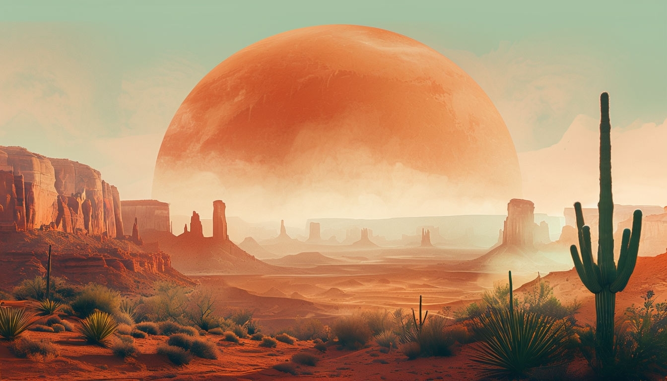 Surreal Desert Landscape with Oversized Sun Virtual Background