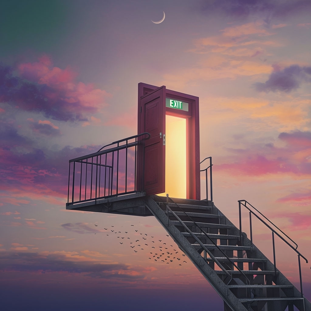 Surreal Escape Door with Vibrant Sunset Sky Album Cover