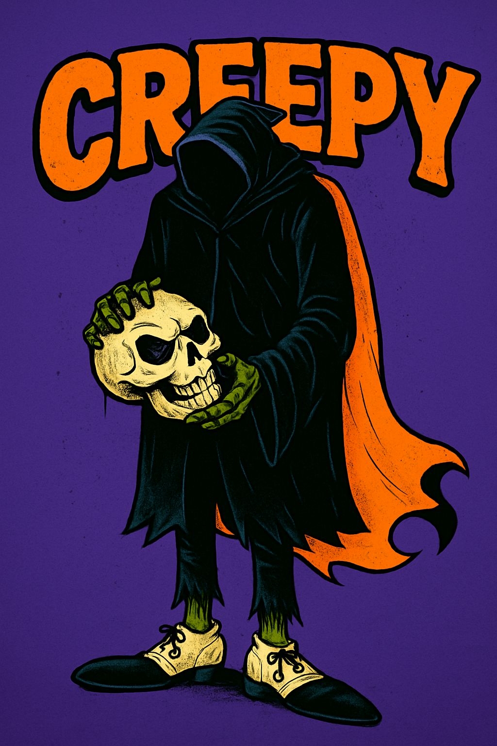Sinister Cartoon Figure with Skull and Creepy Text Poster