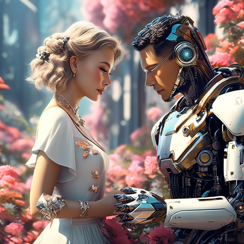 A golden skin female sex robot is sitting on a chair that is form hugging.  She has small human looking breasts. In her hand is a bouquet of flowers.  The flowers look