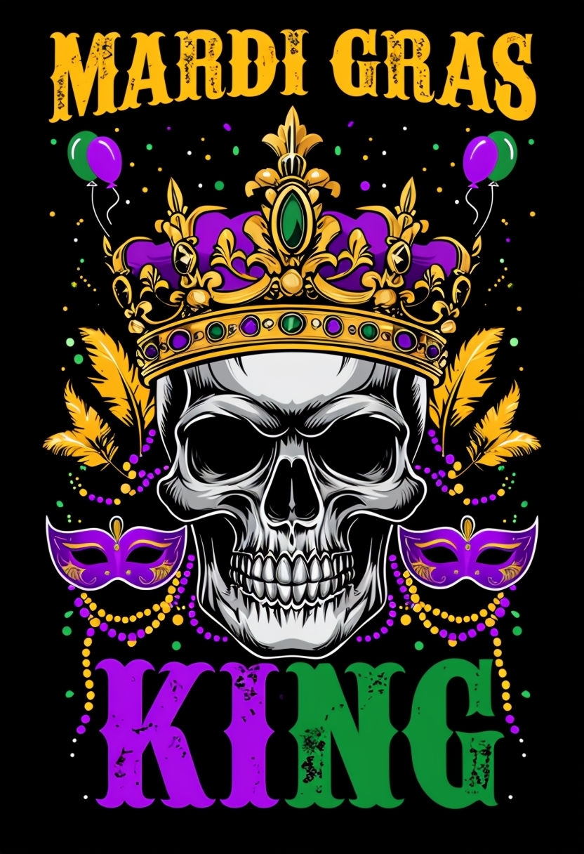 Vibrant Mardi Gras Skull with Crown and Masquerade Masks T-shirt