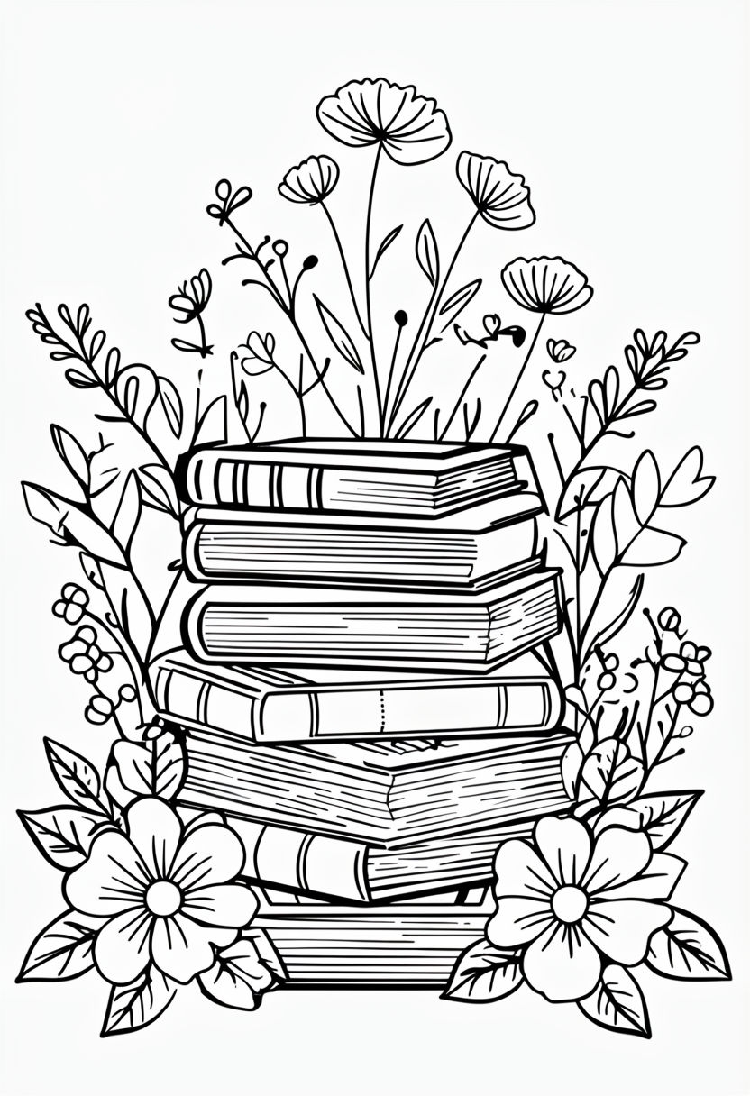 Whimsical Old Books and Flowers Coloring Book Page