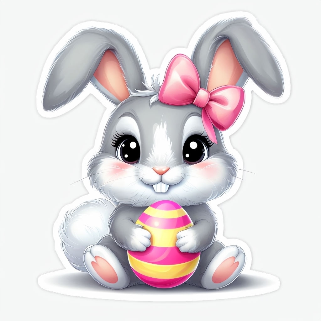 Adorable Gray Bunny with Easter Egg Cartoon Sticker