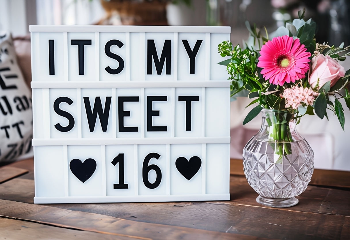 Sweet 16 Marquee Letter Board Sign with Floral Arrangement Card