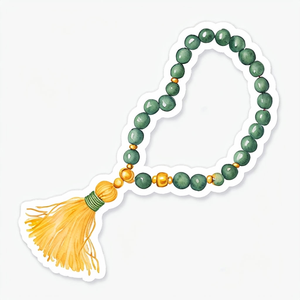 Elegant Green Mala Prayer Bead Watercolor Illustration Sticker