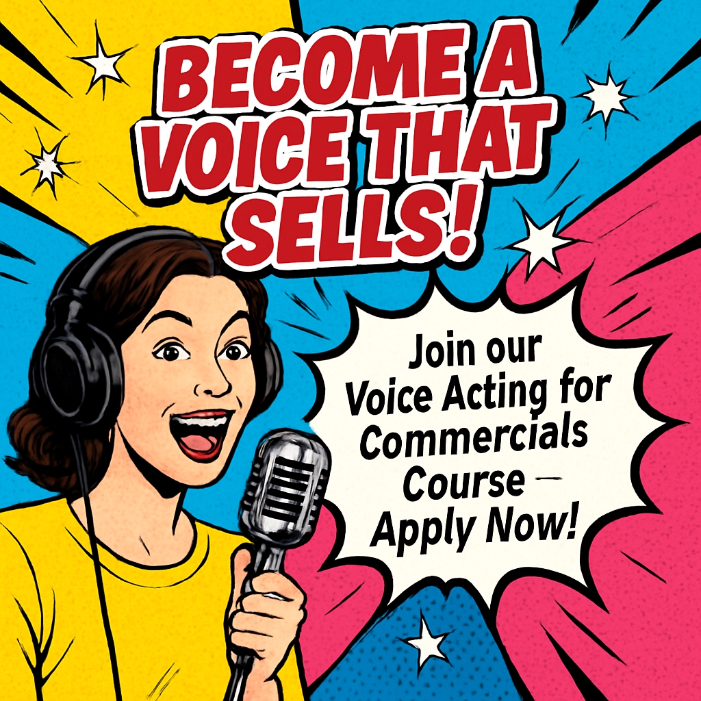Cheerful Woman Promoting Voice Acting Course in Retro Comic Style Ads