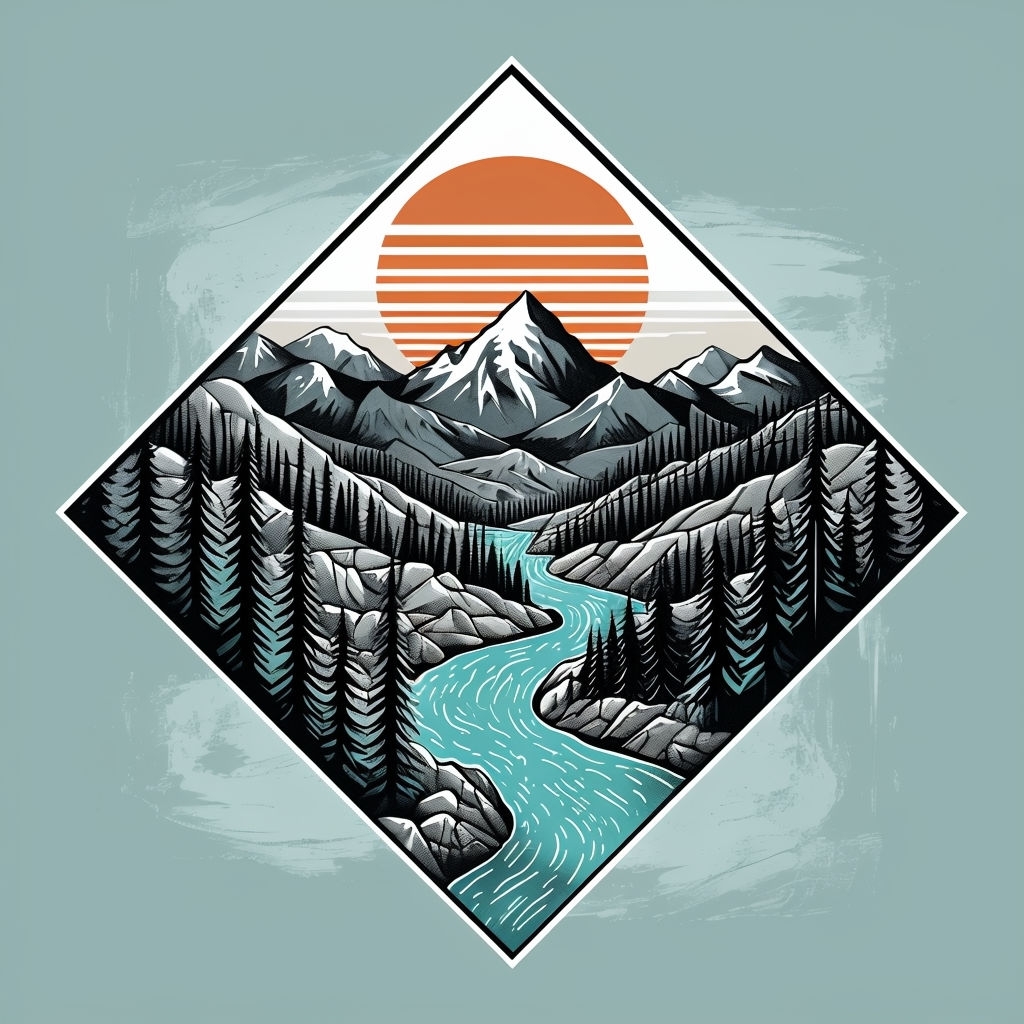 Serene Mountain Landscape Illustration with Turquoise River Poster
