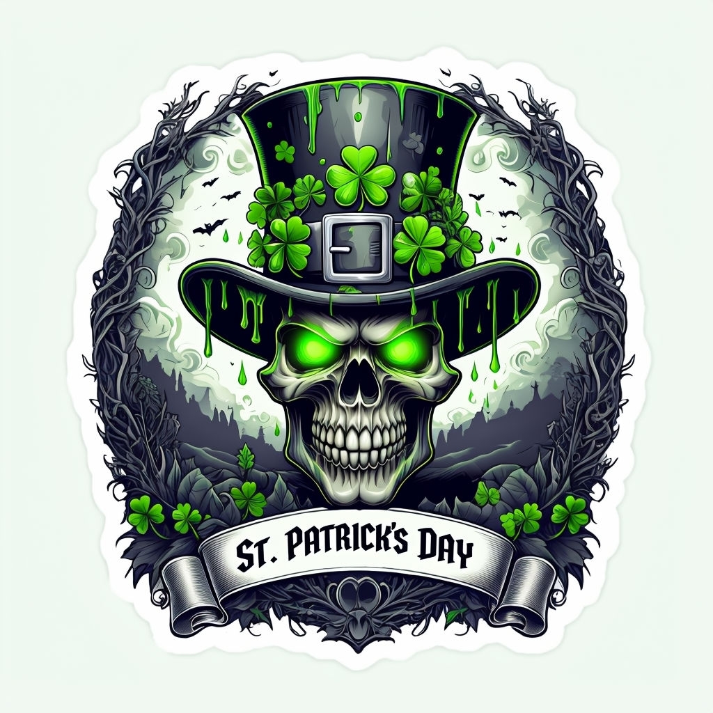 Menacing Skull with Top Hat and Shamrocks Sticker for St. Patrick's Day