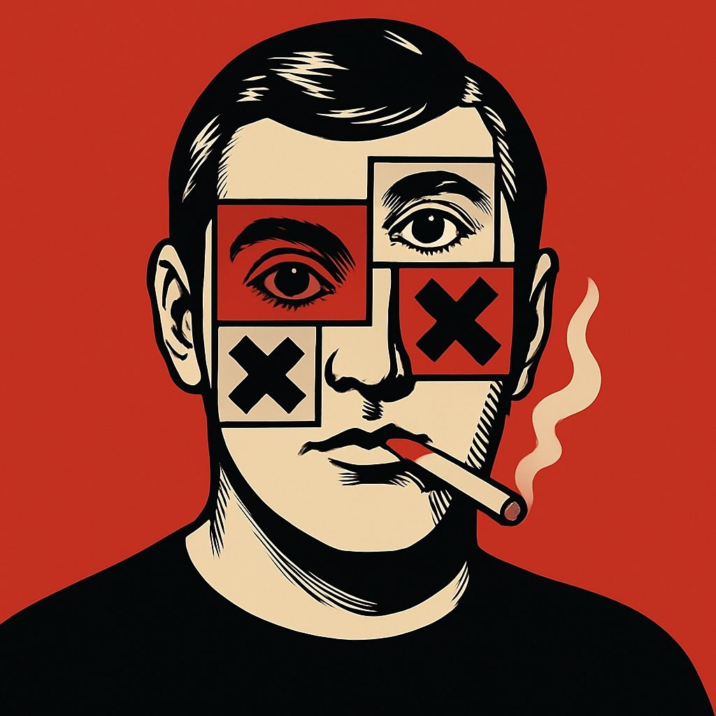 Stylized Pop Art Human Face Illustration on Burnt Red Background Art