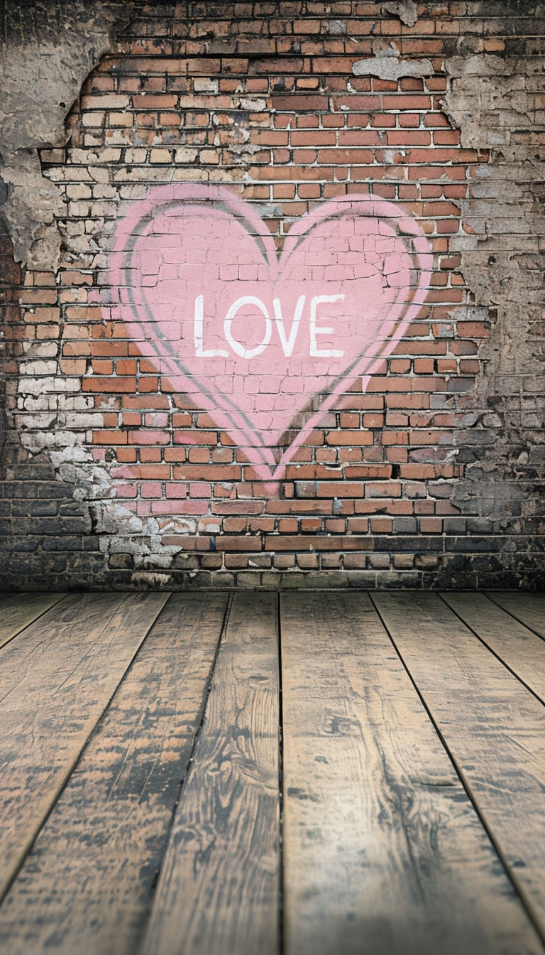 Weathered Brick Wall with Pastel Pink Heart Graffiti Mobile Wallpaper