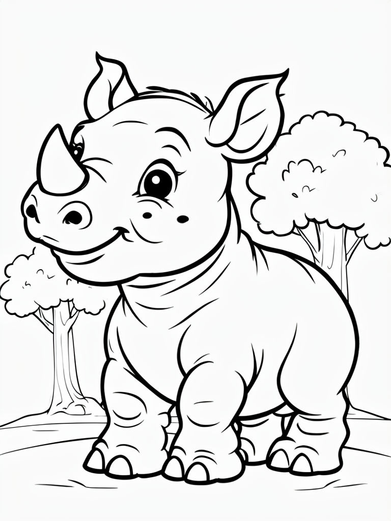 Cute Baby Rhinoceros Cartoon Coloring Page Illustration