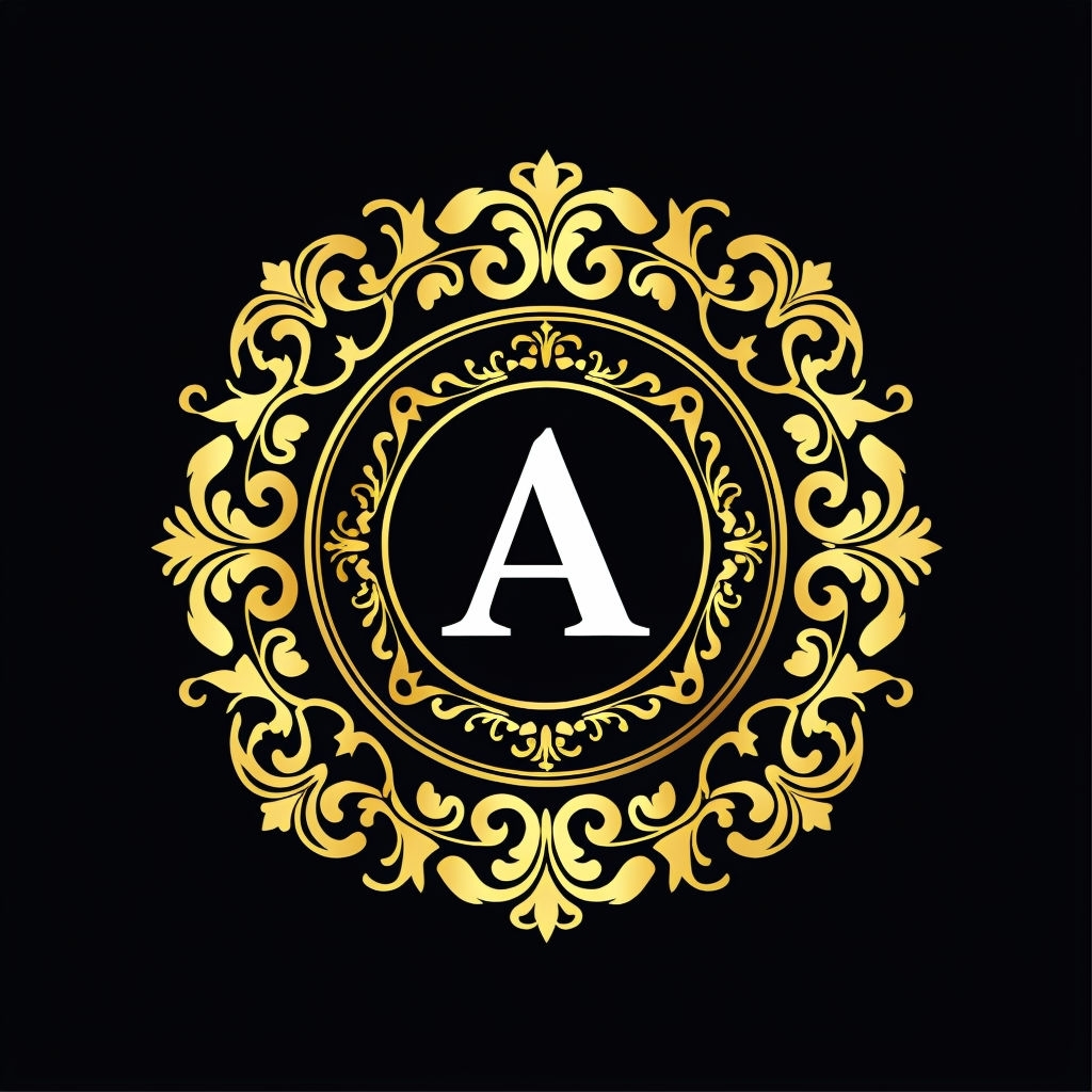 Elegant Gold Circular Logo with Ornate Frame and Capital A