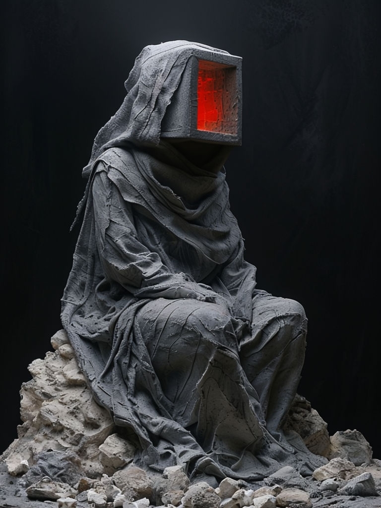 Mysterious Hooded Figure Sculpture with Eerie Red Glow Art