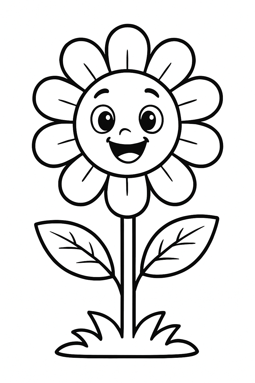 Cheerful Anthropomorphic Flower Line Drawing for Coloring Book Pages