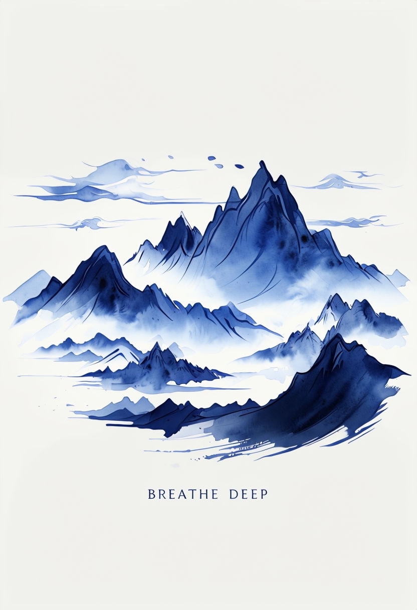 Tranquil Blue Mountain Landscape with Breathe Deep Text Poster