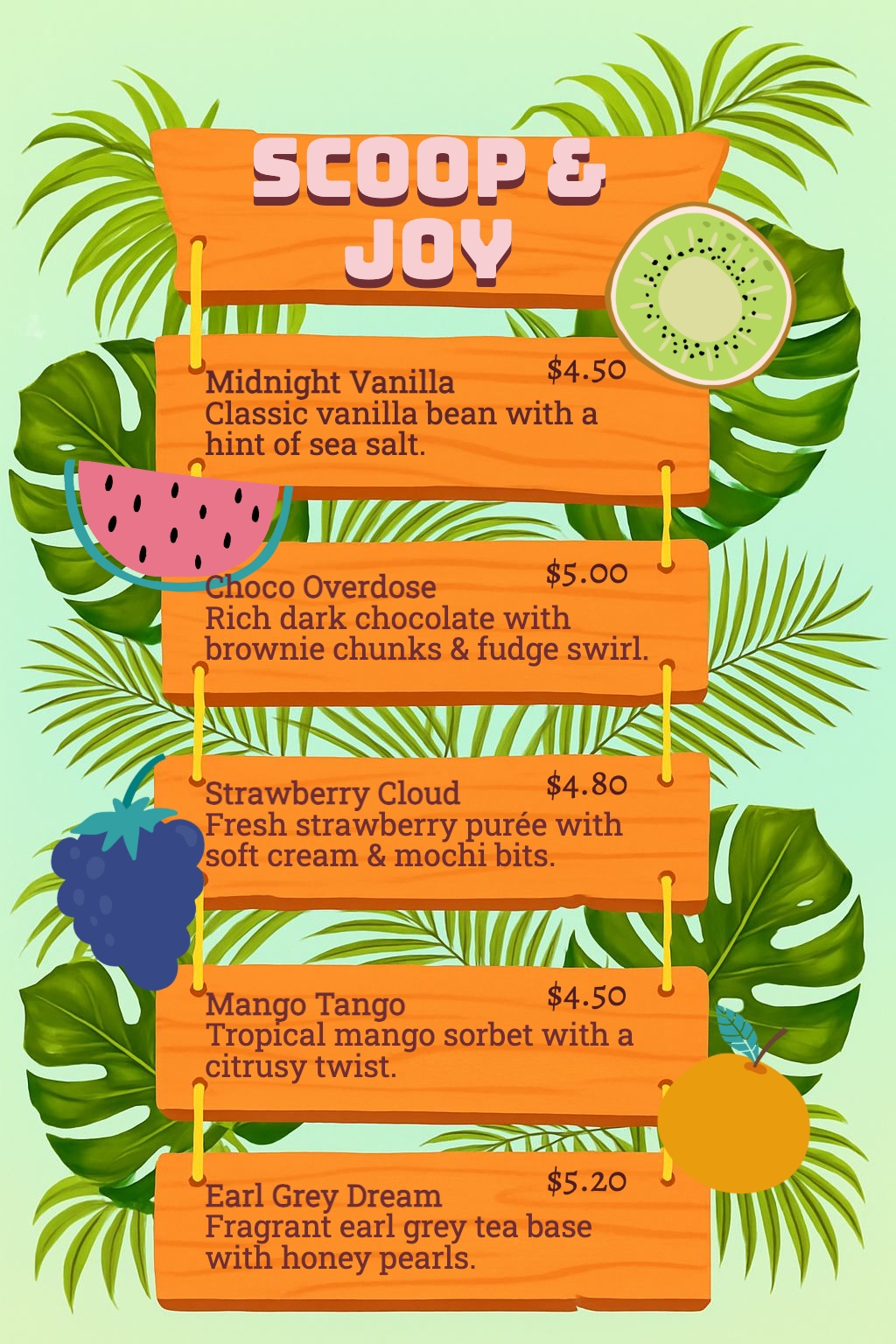 Vibrant Cartoon Menu Design for Scoop & Joy Ice Cream Flyer