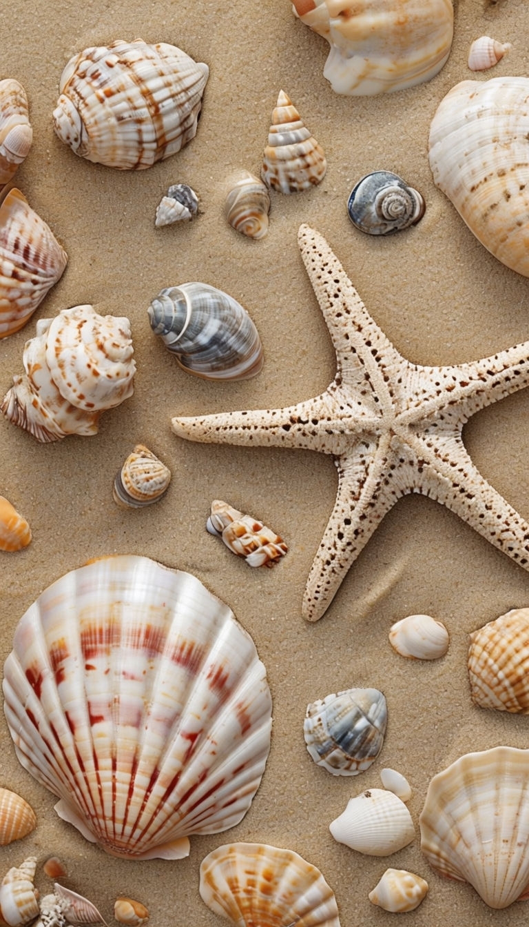 Tranquil Beach Scene with Seashells and Starfish Mobile Wallpaper