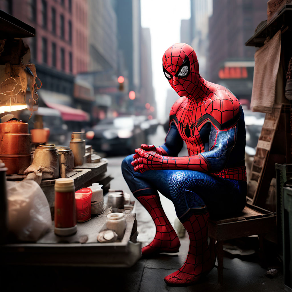 Peter Parker in black spider-man suit looking emotionless in crouch position