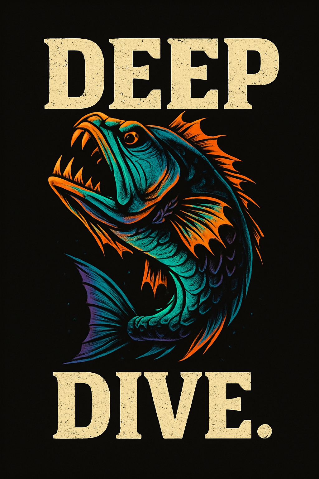 Menacing Deep-Sea Fish Illustration with Bold DEEP DIVE Text T-shirt