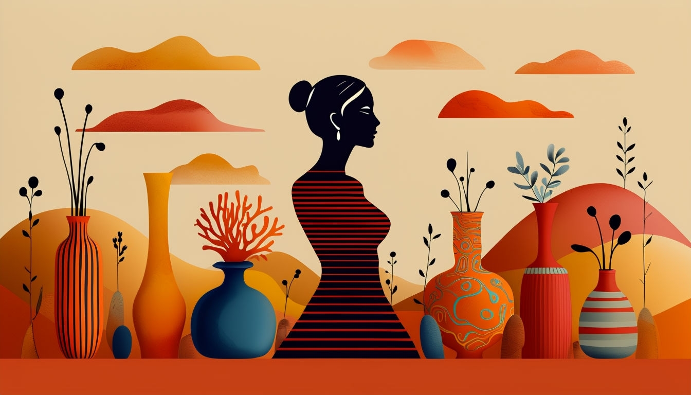 Modern Abstract Woman Silhouette with Colorful Vases Illustration Art