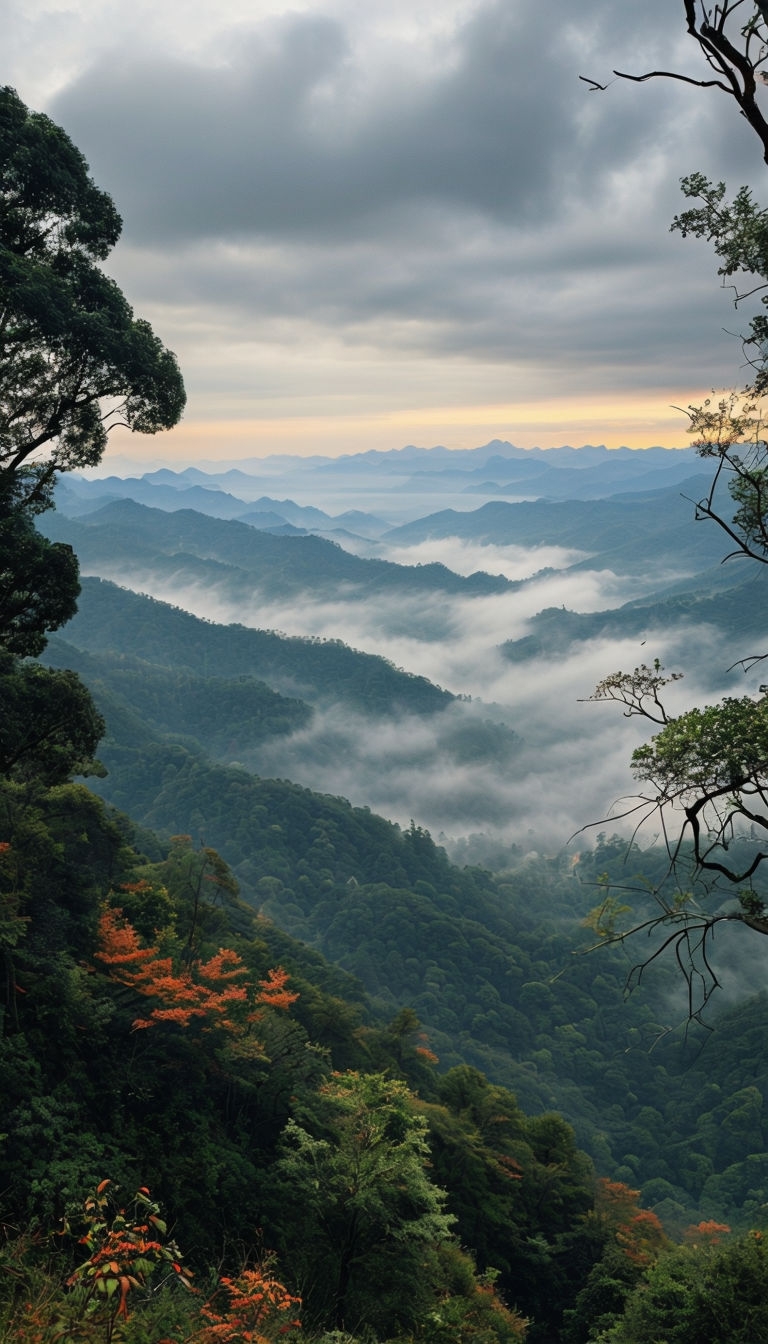 Tranquil Serene Forested Hills and Misty Mountains Mobile Wallpaper