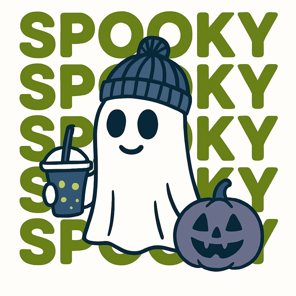 Cheerful Cartoon Ghost with Pumpkin and Spooky Text T-Shirt