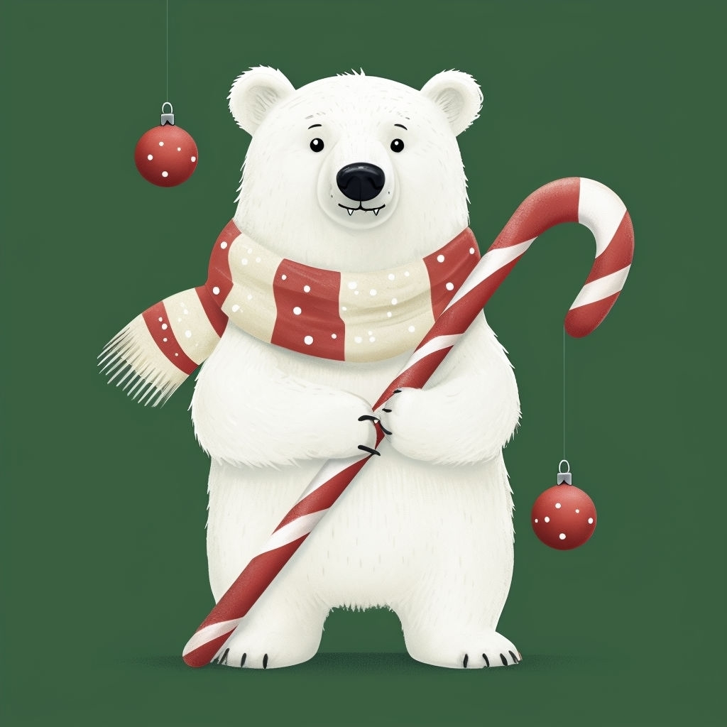 Cheerful Cartoon Polar Bear with Candy Cane Holiday Art