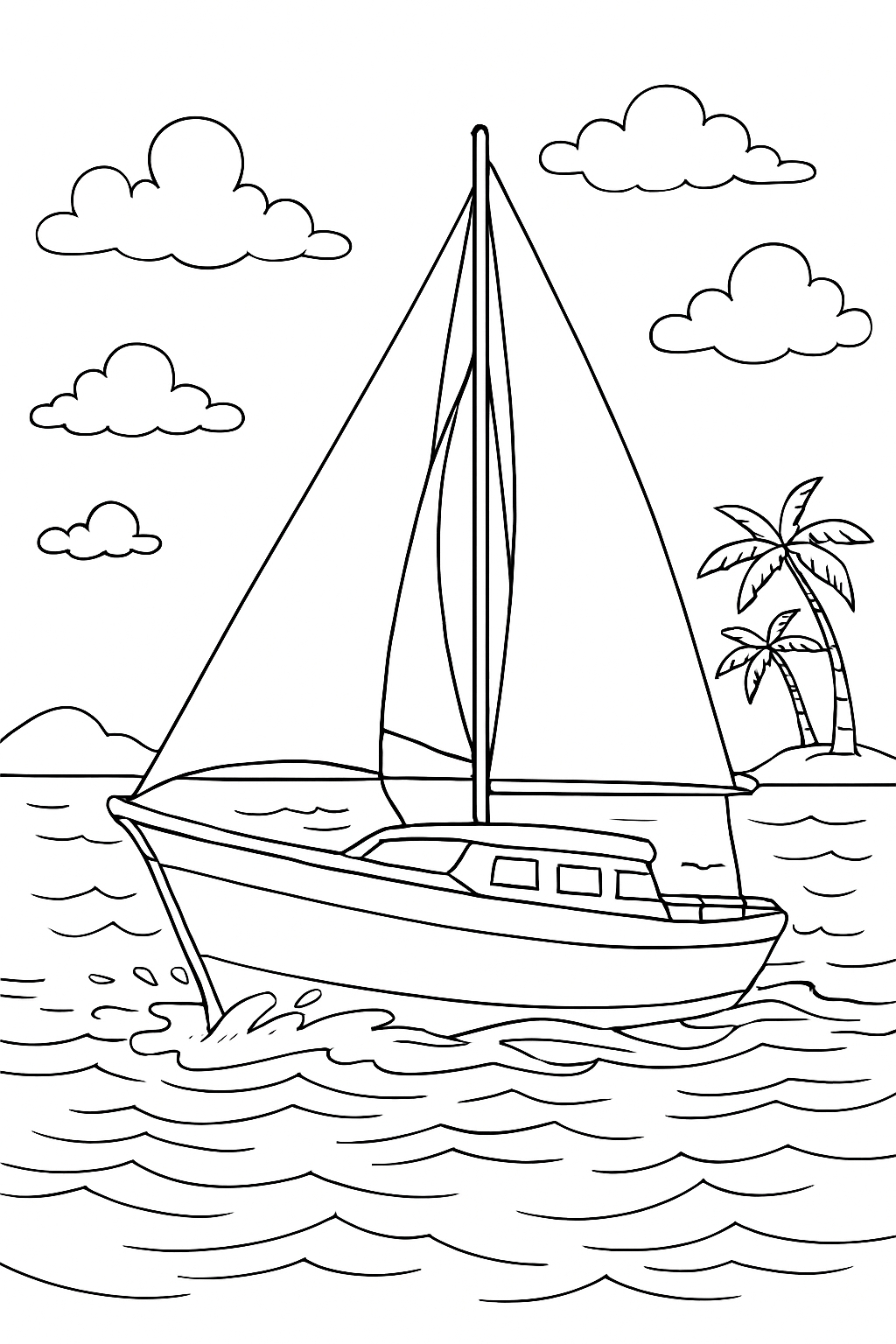 Serene Nautical Scene Sailboat with Palm Trees Coloring Book Page