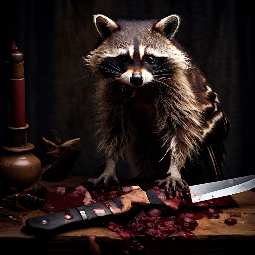 Raccoon stabbing an eagle to death with a butcher's knife by GOWTHAM