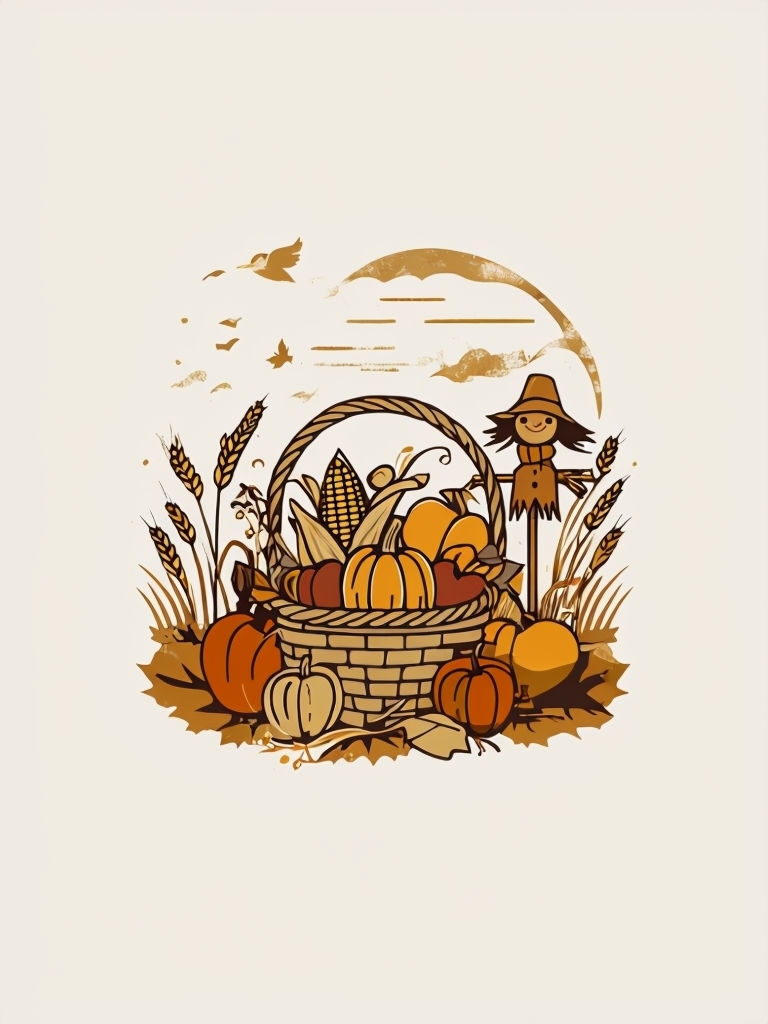 Vintage Autumn Harvest Basket Illustration T-Shirt