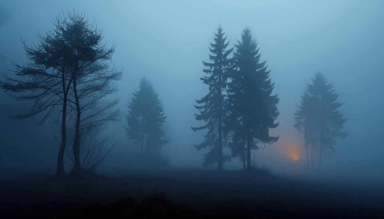 Mysterious Foggy Forest Scene with Silhouetted Trees Background