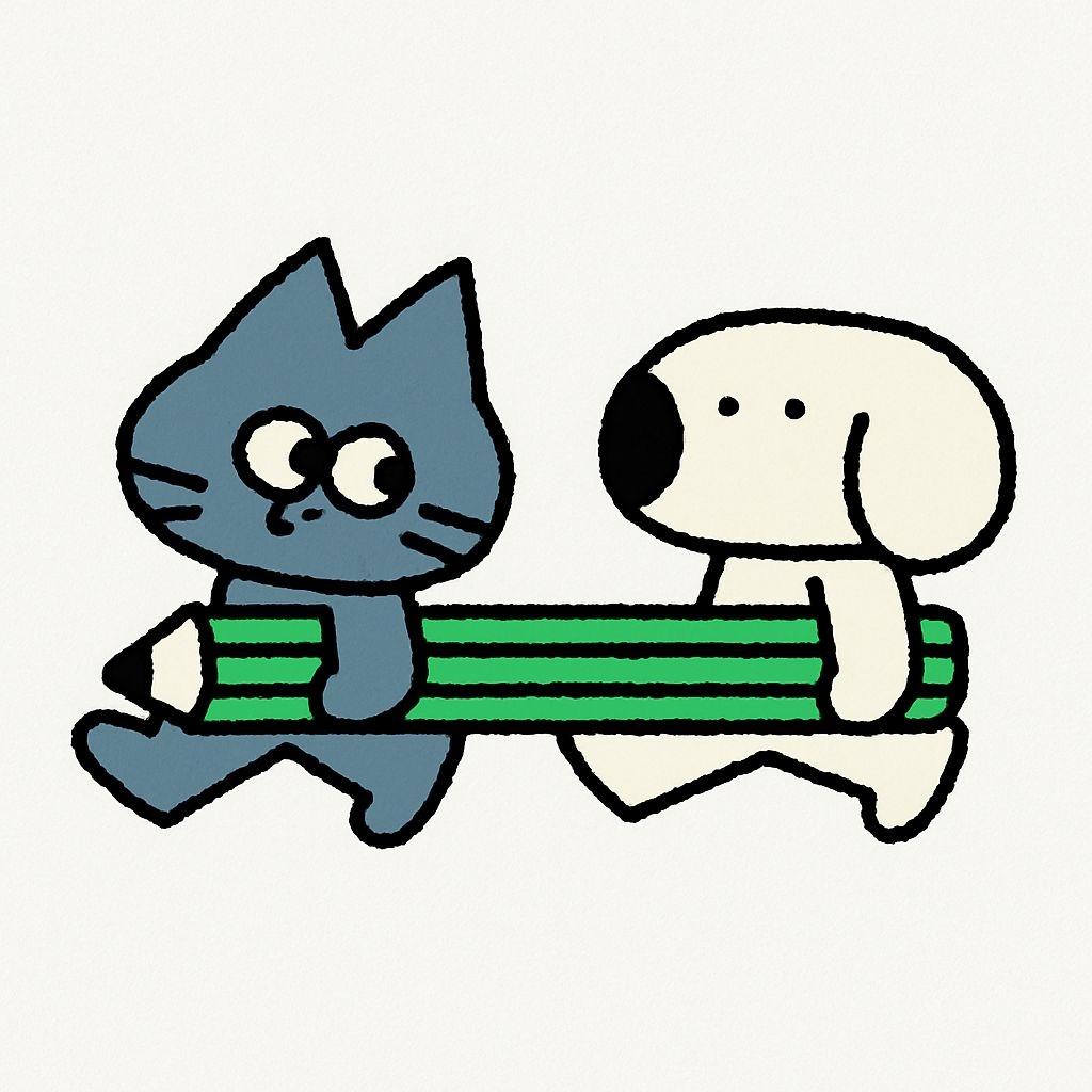 Blue Cat and White Dog Sharing Pencil Cartoon T-Shirt