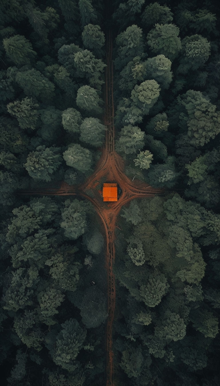 Aerial Forest View with Geometric Paths and Orange Structure Mobile Wallpaper