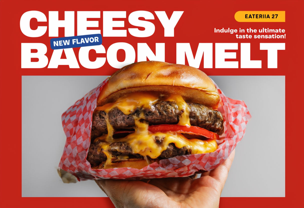 Cheesy Bacon Melt Flavor Promotion with Enticing Burger Visual Poster