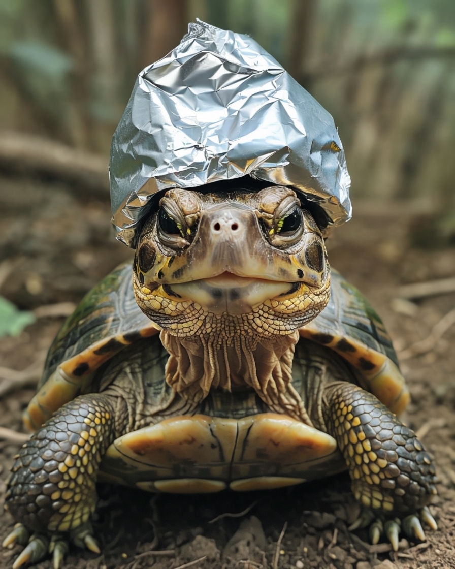 Whimsical Turtle with Foil Hat in Natural Setting Art