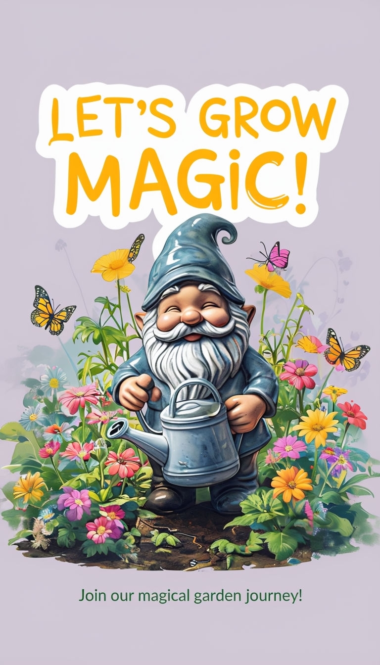 Whimsical Garden Gnome with Flowers and Butterflies Poster