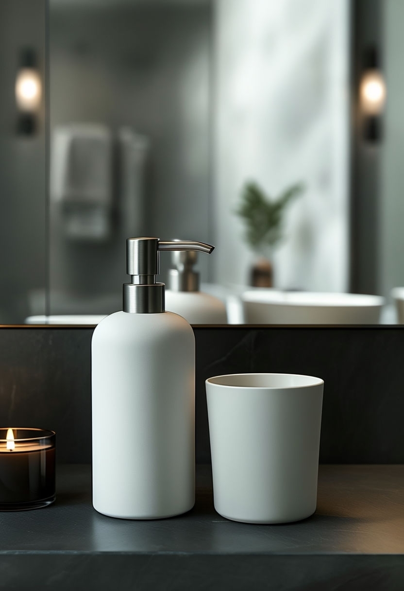 Elegant Minimalist Ceramic Soap Dispenser and Tumbler Mockup