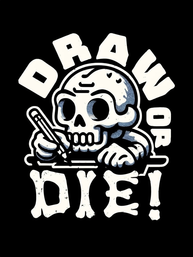 Edgy Skull Drawing Pencil 'Draw or Die' Graphic T-Shirt