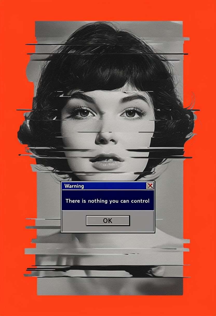 Glitch Art Vintage Warning Message on Woman's Face T-shirt