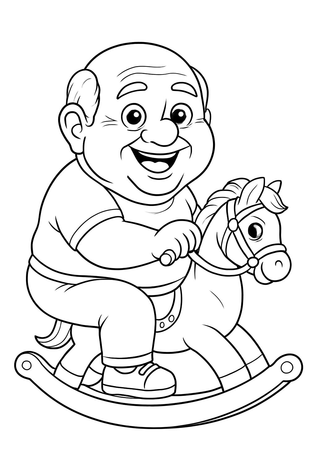 Elderly Cartoon Character Riding Toy Horse Line Art Coloring Page