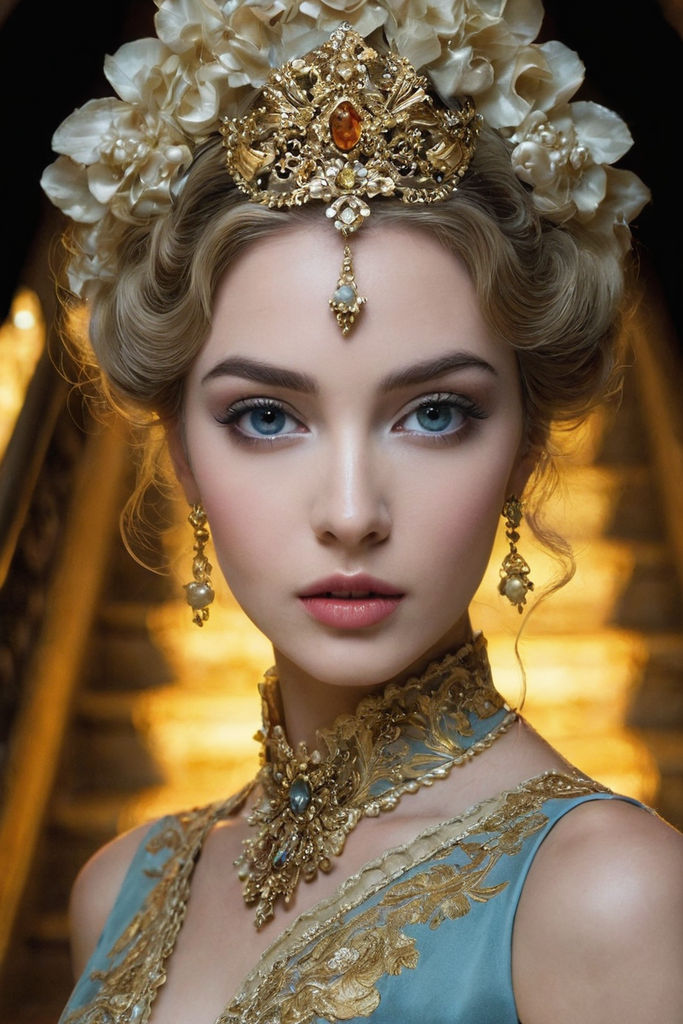 Beautiful woman wearing a baroque dress walking up stairs by Svetlana ...